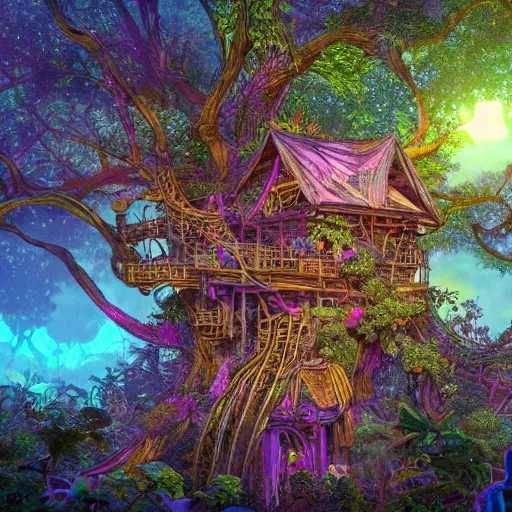 Image similar to an elaborate treehouse overgrown by bioluminescent, purple, blue, glowing plants, an ultrafine hyperdetailed illustration by kim jung gi, irakli nadar, intricate linework, bright colors, octopath traveler, final fantasy, unreal engine 5 highly rendered, global illumination, radiant light, detailed and intricate environment