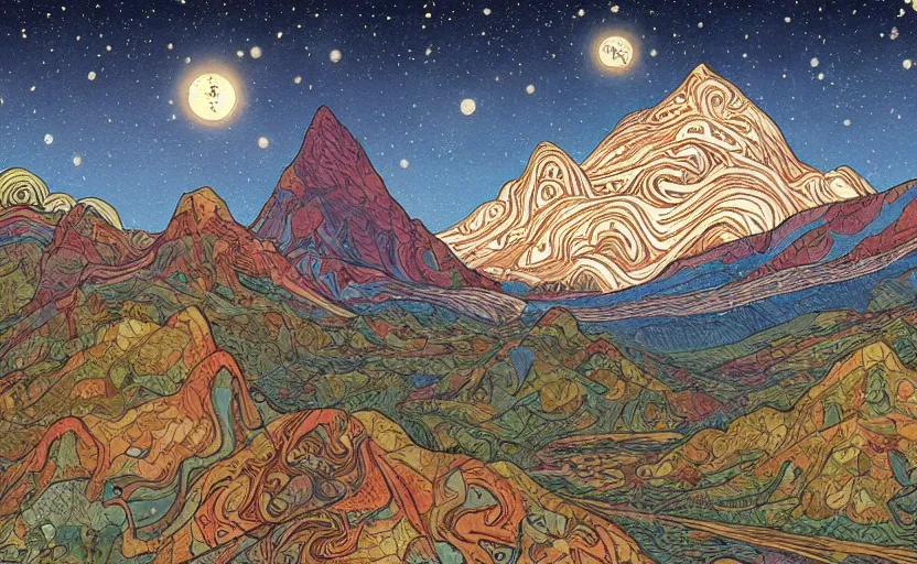 Prompt: mountains, stars and paisley filled sky, artstation, intricate, highly detailed, digital painting, concept art, sharp focus, illustration by Ivan Bilibin and James Jean