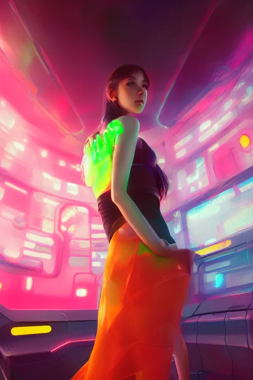 Prompt: digital art of a beautiful girl wearing a neon skirt in a futuristic spaceship, expressive oil painting, by wlop, by artgerm, anime style, octane render, full body shot