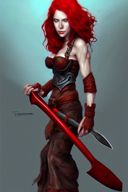 Image similar to a woman with red hair holding two large axes, concept art by senior character artist, true anatomy, extremely beautiful face, extremely detailed face, artstation contest winner, fantasy art, concept art, artstation hd, 2 d game art