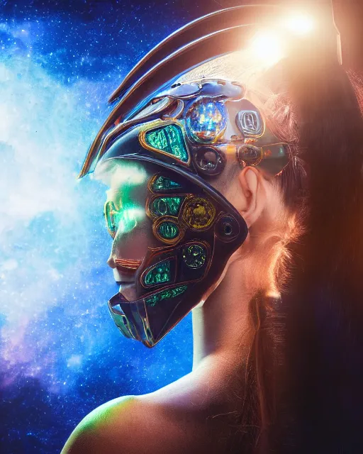 Image similar to centered medium shot fine studio photograph of a young woman wearing only a solarpunk mecha Mayan helmet with bright lights, ultra-realistic, white background, 8k HDR, intricate