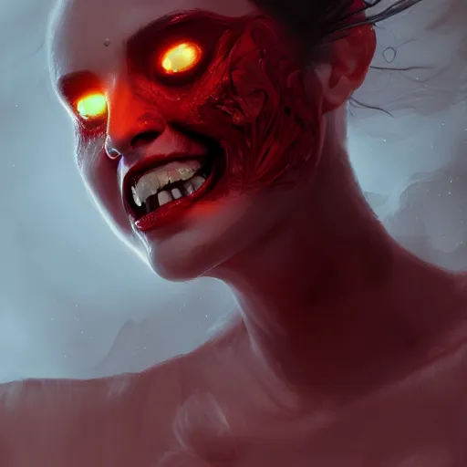 Prompt: portrait of burning woman, fire, blood red eyes, open mouth, vampire fangs, fantasy, intricate, elegant, highly detailed, digital painting, artstation, concept art, matte, sharp focus, illustration, octane render, unreal engine, art by aenaluck and roberto ferri and greg rutkowski, epic fantasy, digital painting