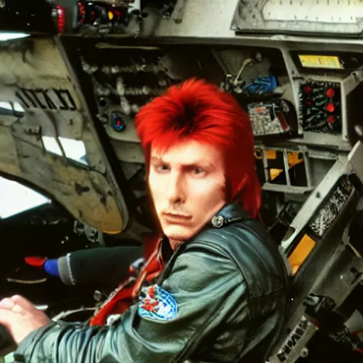 Image similar to photograph of ziggy stardust sitting in the front seat of a grumman f - 1 4 tomcat, hyperrealistic, detailed,