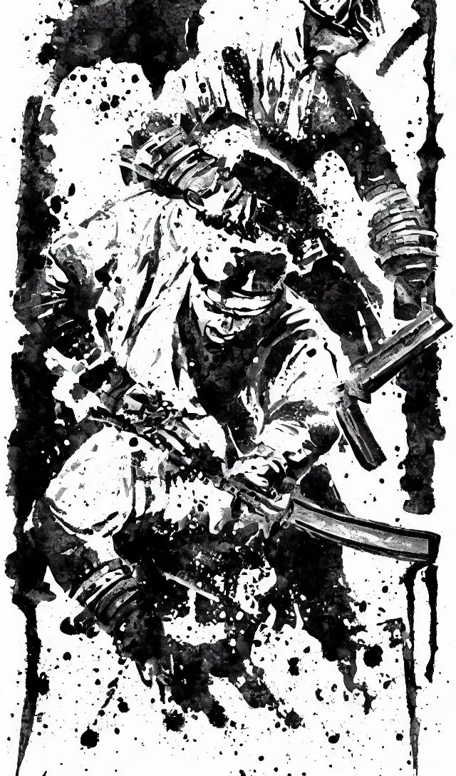 Prompt: sole samurai wielding a chainsaw, black and white watercolor, movie poster