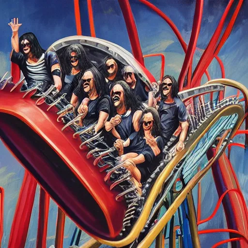 Image similar to the ramones having fun on a rollercoaster, hyper detailed, 8 k, oil painting, rule of thirds