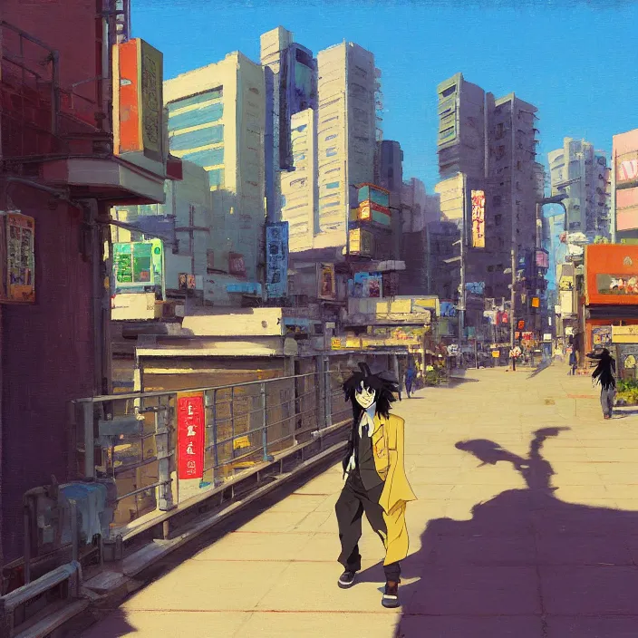 Image similar to front view painting of a stone railing urban japanese city in the background in the style of cowboy bebop, anime style, calm, sunny day, bright, artwork by jeremy lipkin and giuseppe dangelico pino and michael garmash and rob rey and greg manchess and huang guangjian and makoto shinkai, sharp edges, simple form, 1 0 0 mm