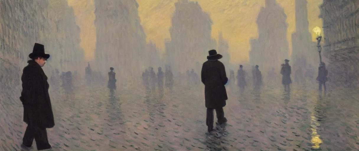 Image similar to a drunk and depressed film noir detective in a trench-coat, walking along a street; a painting by Claude Monet