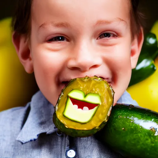 Image similar to portrait photograph of a pickle with a smile