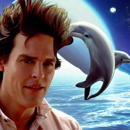 Image similar to hyperrealistic film still of ace ventura searching for dolphin in space, stunning 3 d render, inspired by istvan sandorfi & greg rutkowski & unreal engine, perfect facial symmetry, dim volumetric cinematic lighting, 8 k octane comprehensive render, extremely hyper - detailed, incredibly lifelike attributes, intricate, real flesh texture, masterpiece, artstation, stunning,