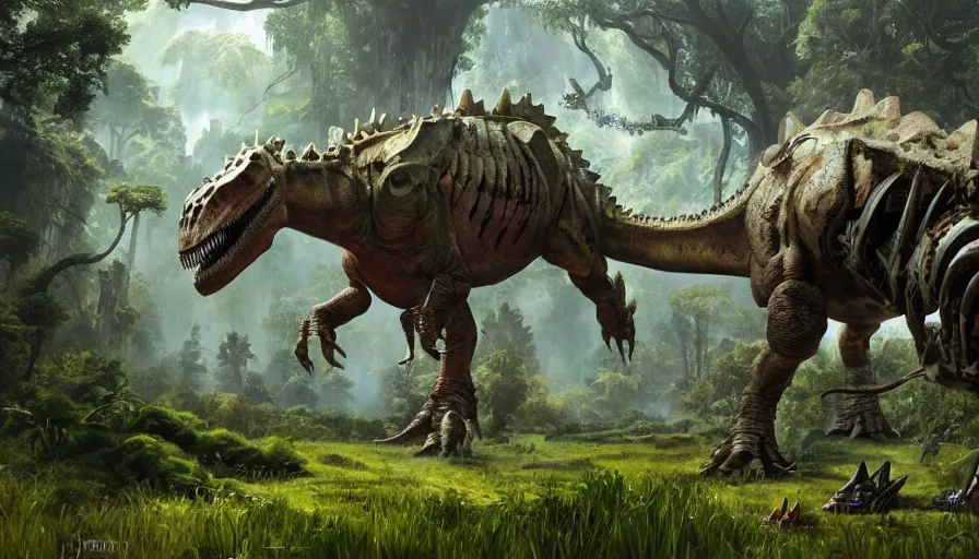 Image similar to A machinated dinosaur hybrid of a BEHEMOTH strolling along a lush green forest from the playstation 5 game Horizon Zero Dawn world, sci-fi concept art, highly detailed, oil on canvas by James Gurney