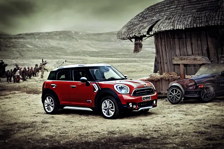 Prompt: “Poster of Mini Cooper Countryman Hybrid in the middle of viking battle. Retro style.”