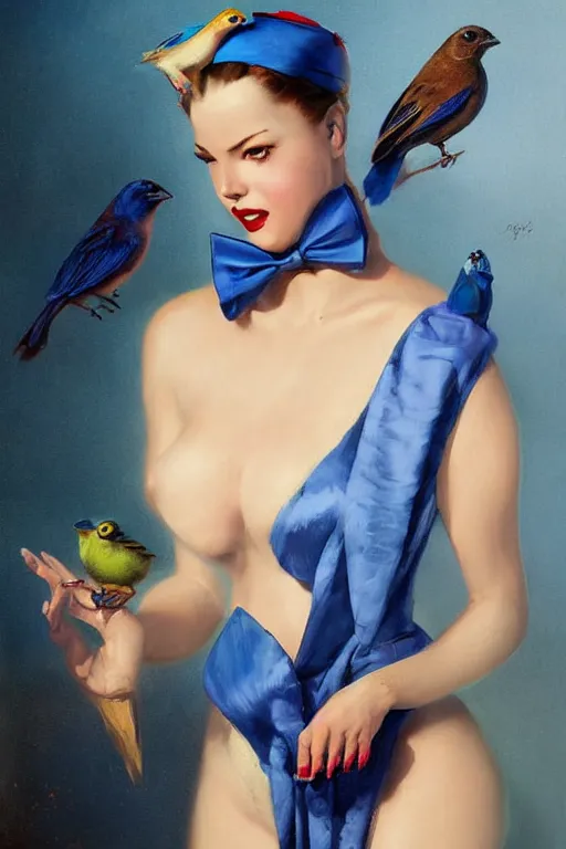 Image similar to hyper realistic painting, tasteful pinup girl holding an indigo bunting, bird, the bird is wearing a bowtie, by greg rutkowski, rossdraws, gil elvgren, enoch bolles, anime, porcelain skin, very coherent