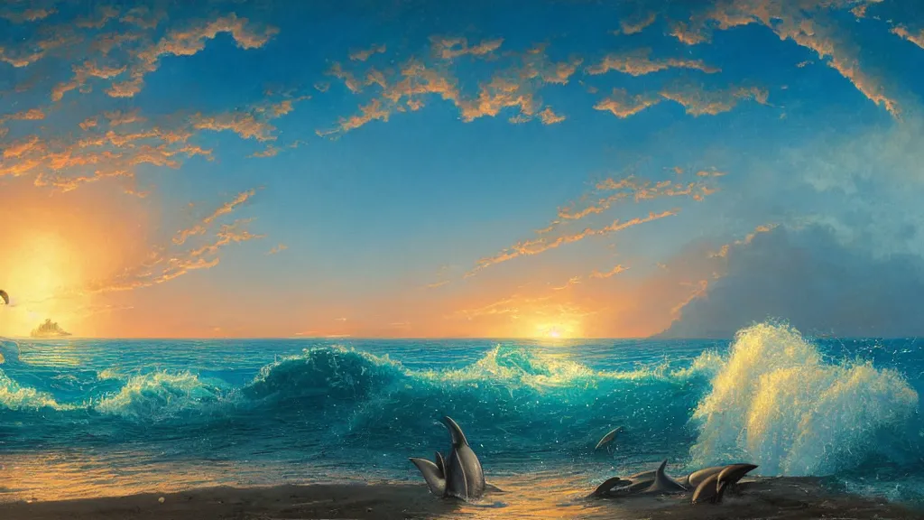 Image similar to first person view of breaking waves on the shore, summer, clear beautiful sky, bright sky, dolphins dolphin swimming, peaceful, amazing, by andreas rocha and john howe, and Martin Johnson Heade, featured on artstation, featured on behance, golden ratio, ultrawide angle, f32, well composed