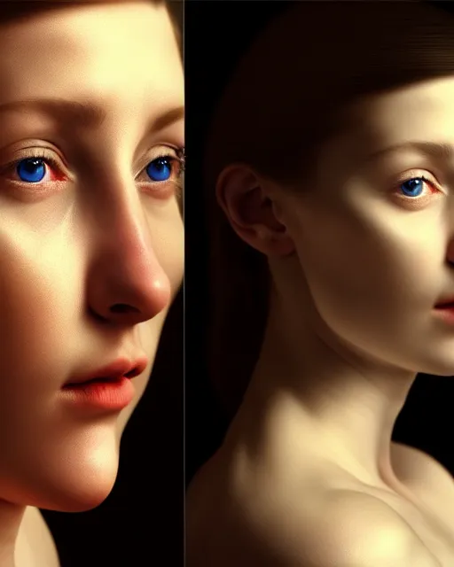 Image similar to hyperrealism photography computer simulation visualisation of parallel universe cgi scene with beautiful highly detailed woman by caravaggio