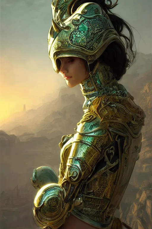 Image similar to portrait knights of Zodiac girl, metalic green and white reflected armor, in ruined Agora of Athens sunrise, ssci-fi, fantasy, intricate, very very beautiful, elegant, golden light, highly detailed, digital painting, artstation, concept art, smooth, sharp focus, illustration, art by tian zi and WLOP and alphonse mucha