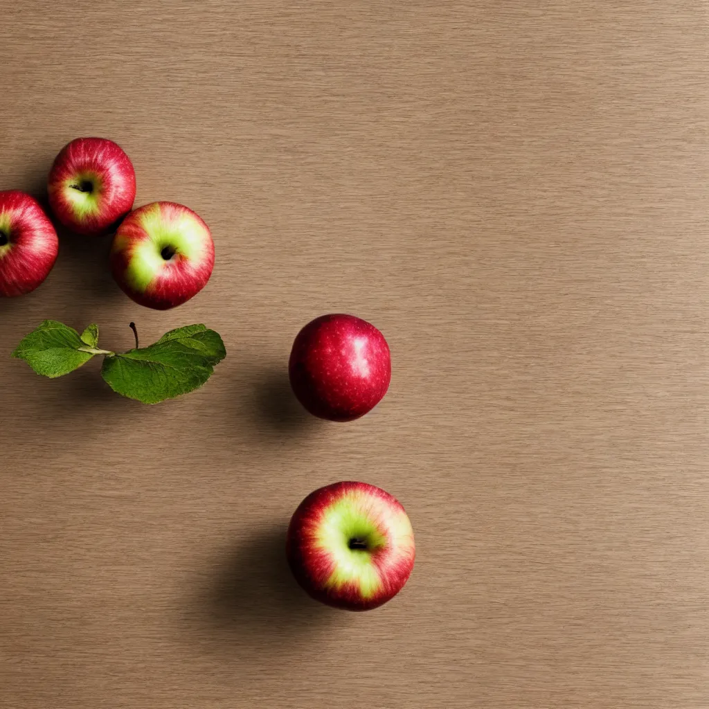 Prompt: top-down view with one apple top of a wooden table, wallpaper, 4k, photorealistic