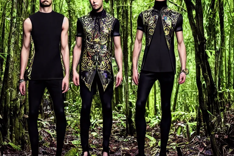 Image similar to versace avant garde male tunics posing in the jungle woods intricate modern choatic textiles streetwear cyberpunk dark cloudy overcast