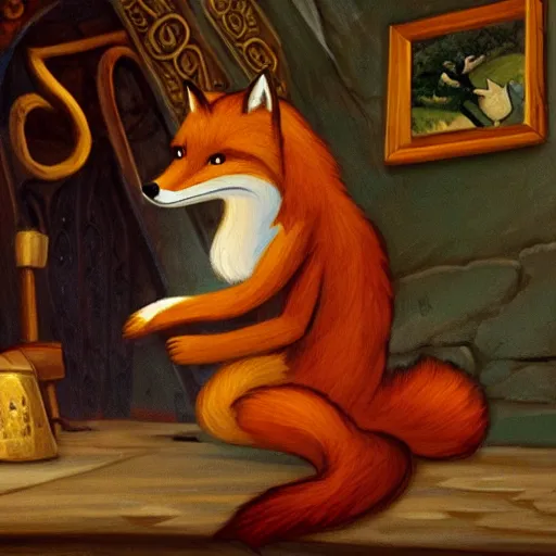 Image similar to An anthropomorphic fox playing the lute in a tavern full of anthropomorphic animals, by Ken Anderson and Don Bluth