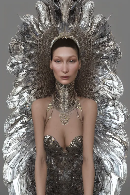 Image similar to a highly detailed 4 k render of a beautiful alien goddess bella hadid angel in iris van herpen dress schiaparelli in diamonds in style of alphonse mucha trending on artstation made in unreal engine 4