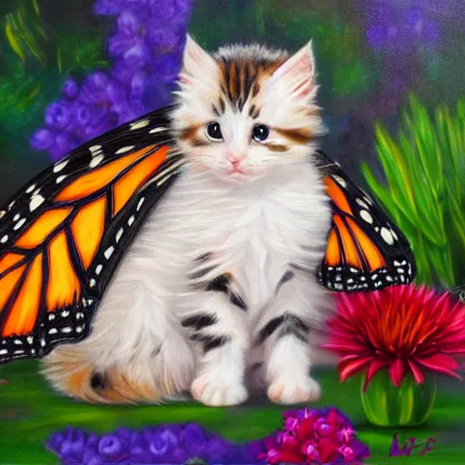 Prompt: cute fluffy calico kitten with monarch butterfly wings detailed oil painting 4k