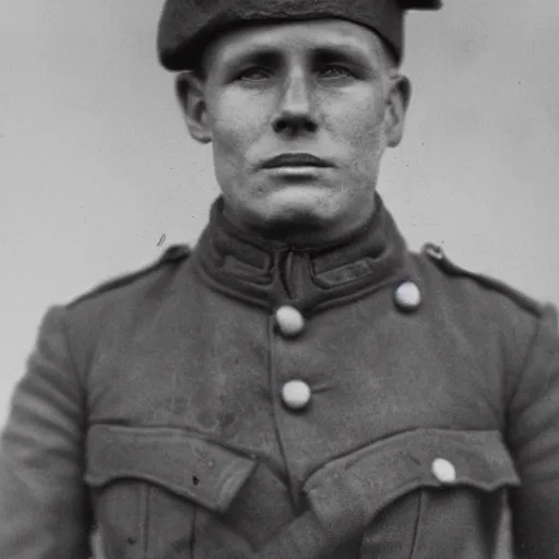 Image similar to World War 1 soldier with shellshocked expression, close-up, photograph