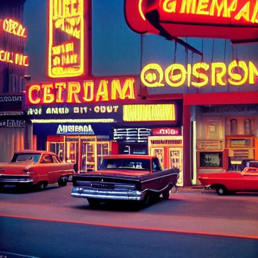 Prompt: color kodachrome photograph of an american city street in 1 9 6 6. neon sign, americana, parked cars, cinema, fire hydrant