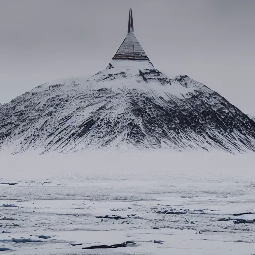 Prompt: a artic desert with snow capped mountains and a floating obelisk. overcast sky, grainy, snowing.