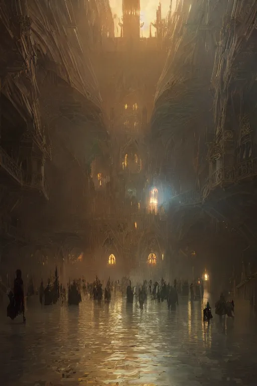 Prompt: Avalon the royal city of king arthur, intricate, elegant, volumetric lighting, digital painting, highly detailed, artstation, sharp focus, illustration, concept art, ruan jia, steve mccurry