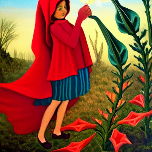 Prompt: oil painting of little red riding hood looking up at gigantic datura strammonium flower