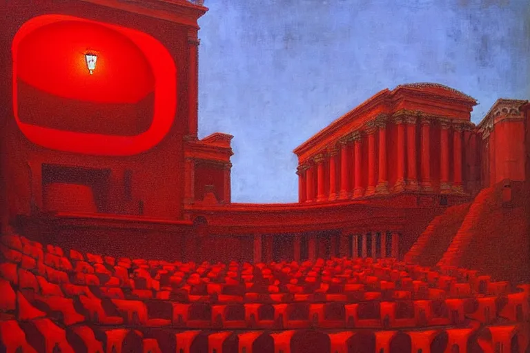 Image similar to only with red, a red melted emperor, taormina amphitheatre, crowd hails him, in the style of beksinski, parts by edward hopper, parts by rodcenko, parts by yue minjun, intricate and epic composition, red by caravaggio, insanely quality, highly detailed, masterpiece, red light, artstation, 4 k