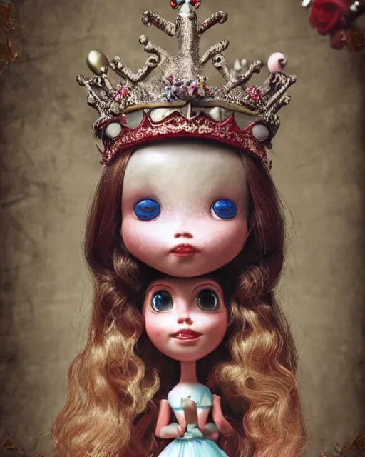 Image similar to closeup face profile portrait of a tin toy fairytale princess wearing a crown eating cakes, bikini, depth of field, zeiss lens, detailed, symmetrical, centered, fashion photoshoot by nicoletta ceccoli, mark ryden, lostfish, hyperrealistic, octane render
