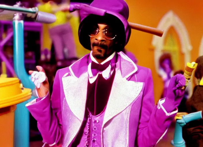 Image similar to film still of Snoop Dogg as Willy Wonka in Willy Wonka and the Chocolate Factory 1971