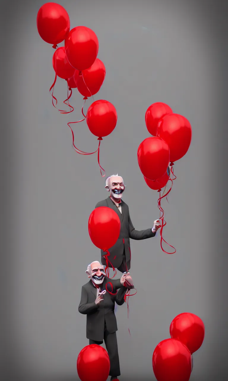 Image similar to illustration of smiling old man with red balloons, highly detailed, digital painting, concept art, smooth, sharp focus, epic composition, gothic art, artstation, concept art, octane render, retrofuturistic