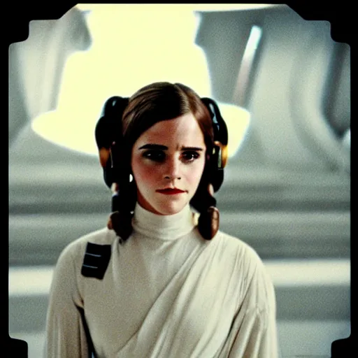 Image similar to film still of emma watson as princess leia organa in star wars, polaroid, photography, film, kodak