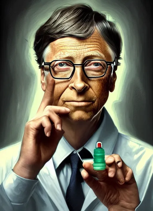 Prompt: bill gates with reptile eyes!!!, vertical reptile pupil!!!, lizard skin!!!, holding a syringe!!, portrait, intricate, elegant, highly detailed, digital painting, artstation, concept art, wallpaper, smooth, sharp focus, illustration, art by artgerm and greg rutkowski and alphonse mucha