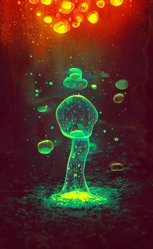 Image similar to fox fire fungi, water bubbles, night view, glowing, fireflies, poster vintage, digital strokes, illustration, bioluminescence, vegetation, portrait, full shot, rim light, pixar, octane render,