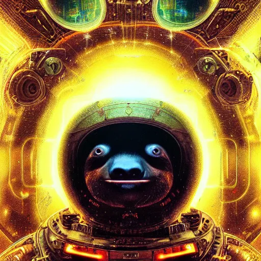 Image similar to portrait of a sloth, celestial. intricate abstract. cyberpunk, vhs glitch. glorious cosmic helmet. intricate artwork. immaculate. holy. empty oxygen tank. by wlop, Dan Witz, Boris Vallejo. octane render, CGSociety, Moebius very coherent symmetrical artwork. cinematic, hyper realism, high detail, octane render, 8k, iridescent accents, deep color