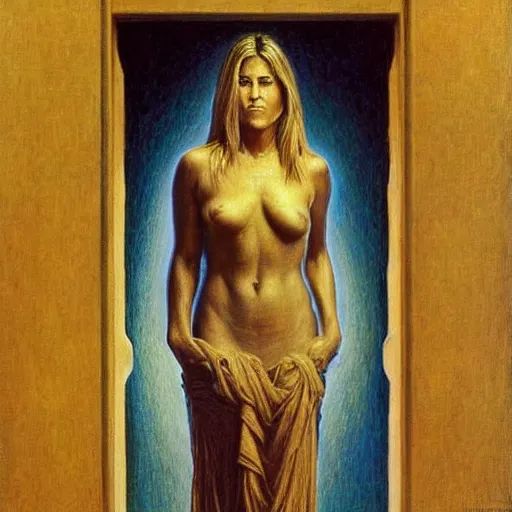 Image similar to full body of Jennifer Aniston painted by Jean Delville, masterpiece