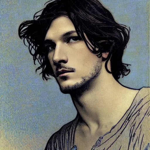 Image similar to gaspard ulliel portrait by louis - theophile hingre and alphonse mucha, realistic, sharp focus, zodiac signs, tarot cards, planets, ethereal, art nouveau, magic, moon, sun, crown, dreamy, royal, jewellery