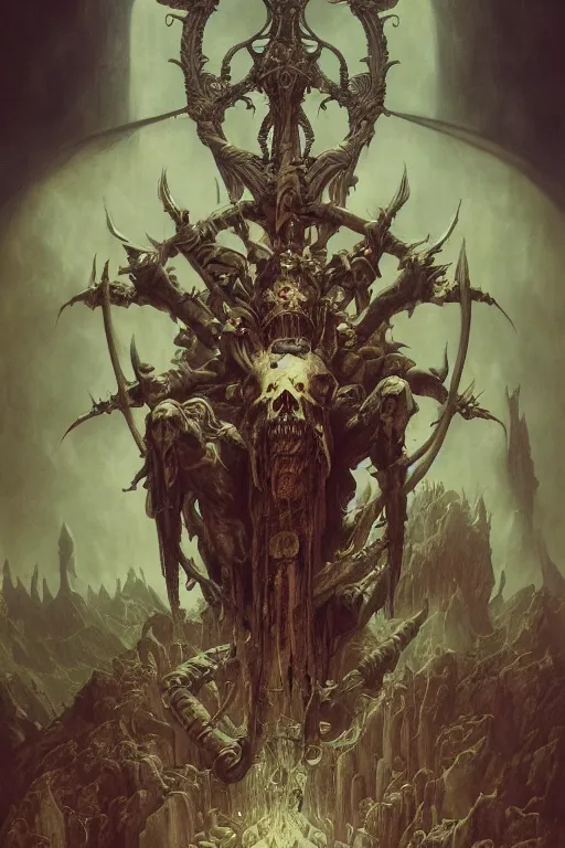 Image similar to evil gigantic demon skull lord of death, fantasy painting, ultra realistic, wide angle, art nouveau, intricate details, rainbowshift, vivid colors, highly detailed by peter mohrbacher, h. r. giger, maxfield parrish, gaston bussiere, gustave dore, craig mullins