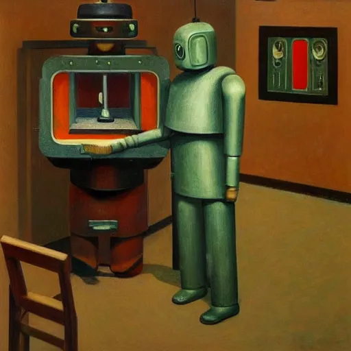 Image similar to three brutalist robot bishops in a study chambers, grant wood, pj crook, edward hopper, oil on canvas