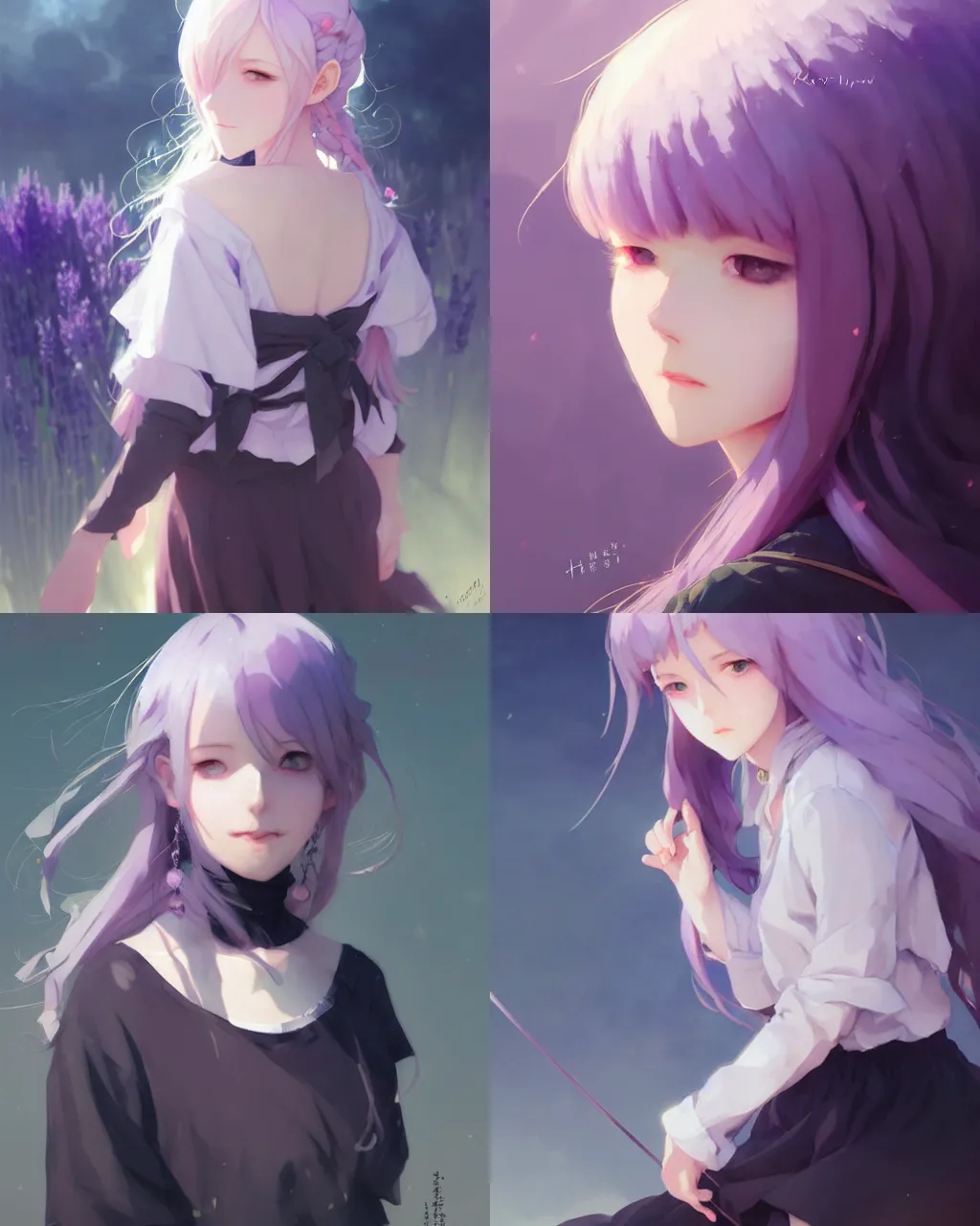 Prompt: a girl with lavender hair and black skirt, a beautiful portrait, illustration, top lighting, perfect shadow, soft painting, reduce saturation, leaning towards watercolor, art by hidari and krenz cushart and wenjun lin and lerapi