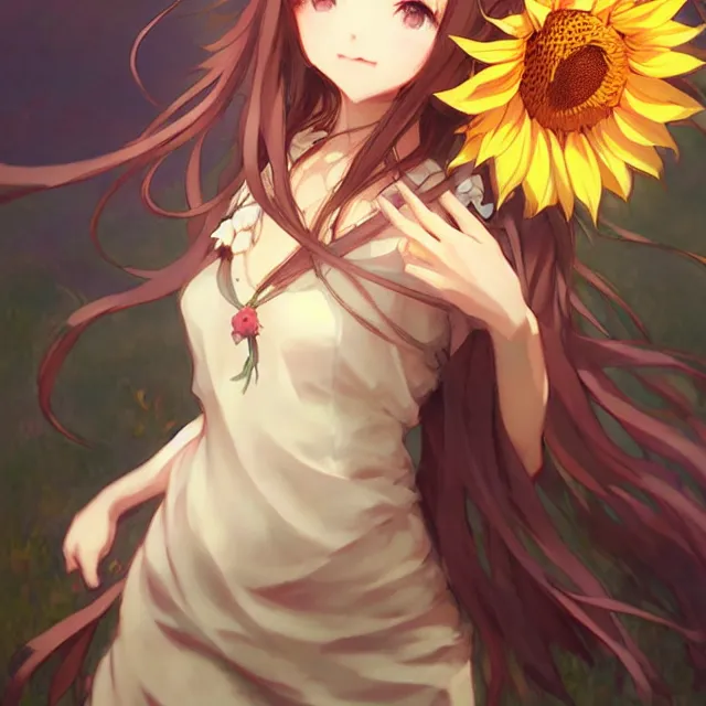 Prompt: beautiful sunflower anime girl, krenz cushart, mucha