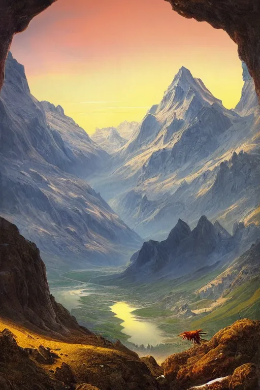 Prompt: matte painting of beautiful mountain landscape in northern switzerland with giant spaghetti moster in the center, by albert whitlock, amazing details, beautiful composition, vibrant colors, bird eye view, luminescent, warm hue's