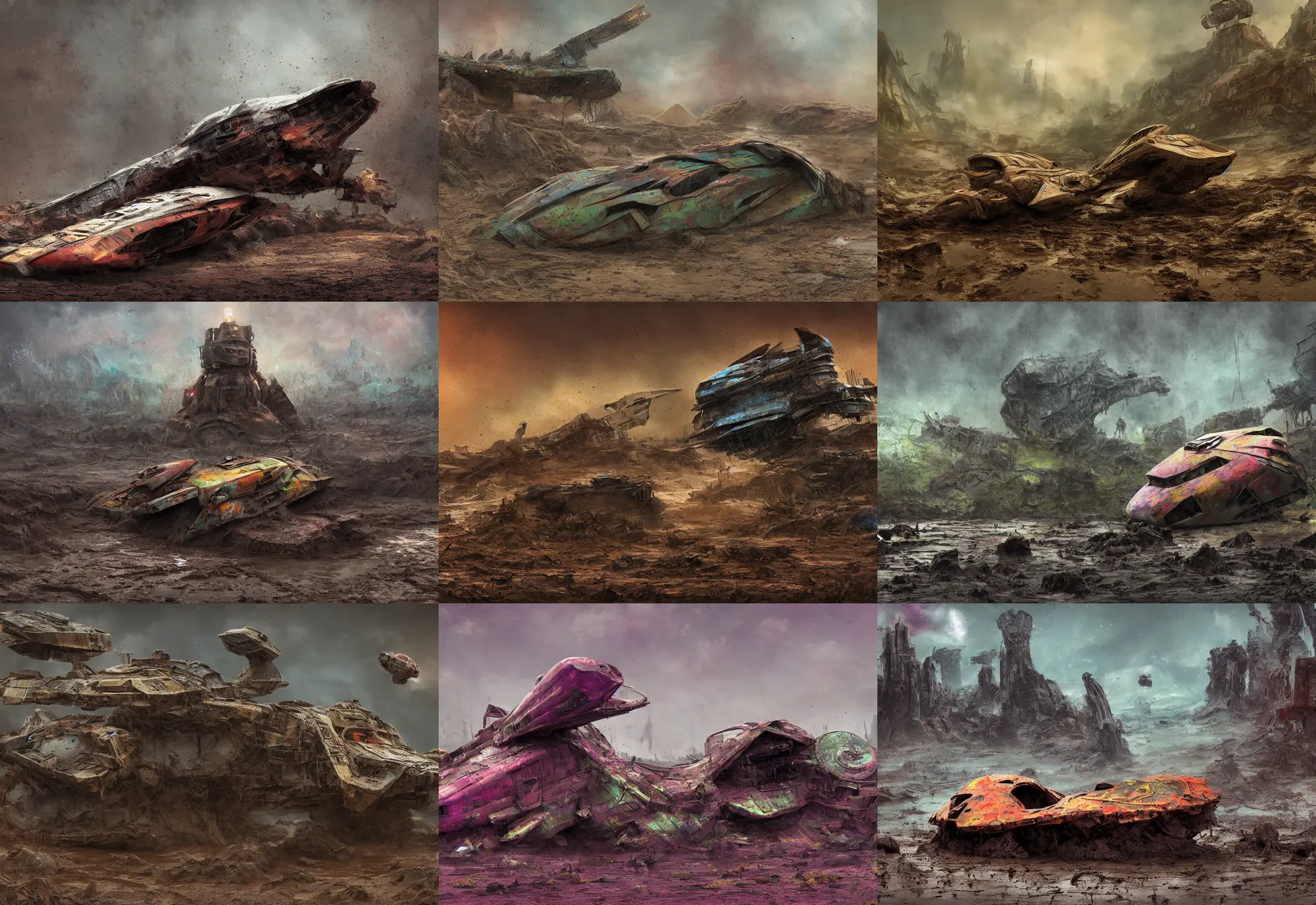 Prompt: matte painting of a crashed very colorful cute alien scout ship covered in mud in a muddy pond, dystopian world, 4 k