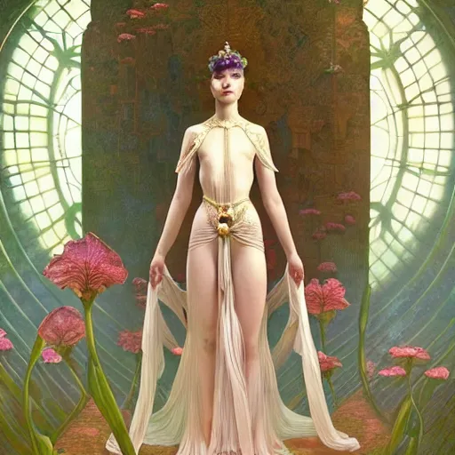 Prompt: a princess full body portrait, fine kindness delicate prefect face, in the flower room, light beam shines through the window, elegant, smooth, sharp focus, atmospheric lighting, masterpiece, style of tom bagshaw, raphael lacoste, peter mohrbacher, louis comfort tiffany, victo ngai, james jean, 4 k hd hyperdetailed illustration wallpaper, chinese style