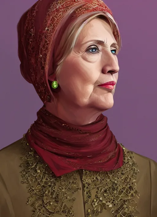 Prompt: portrait of hillary clinton as a muslim, jewelry, greek, ruby, victorian age, 1 8 9 0, intricate, headshot, key visual, conceptart, ambient lighting, highly detailed, digital painting, artstation, concept art, sharp focus, by makoto shinkai and akihiko yoshida and greg manchess