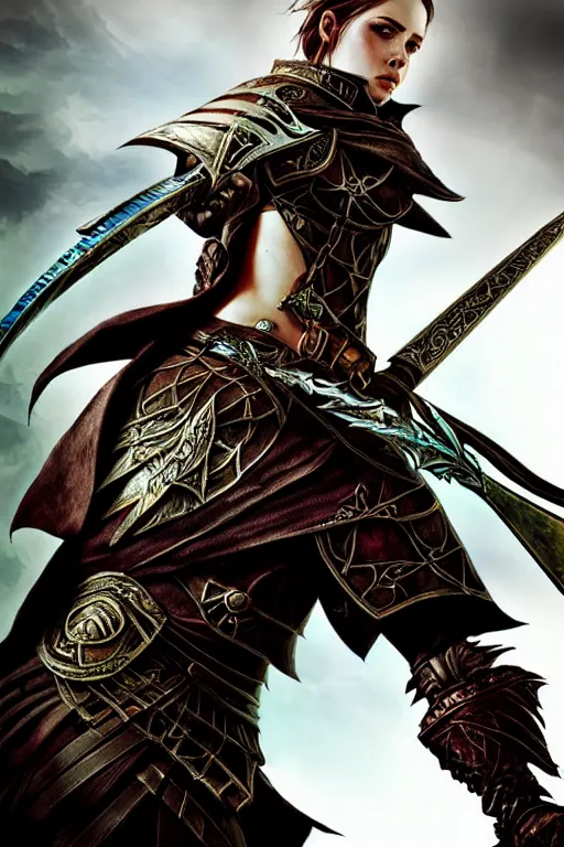 Prompt: Eir Stegalkin holding a sword of Guild Wars 2, concept art, close-up, digital art, hyper-realistic, highly detailed
