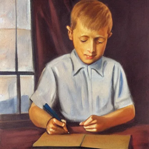 Prompt: 1950 painting of a boy writing a letter