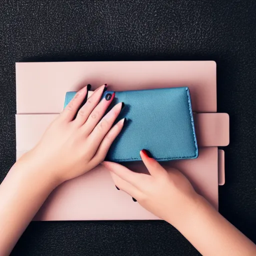 Prompt: photo of hand with simple manicure holding wallet,